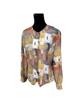 Vtg 80s Womens Blouse Medium Long Sleeves Button Front USA Abstract Bora Bora
